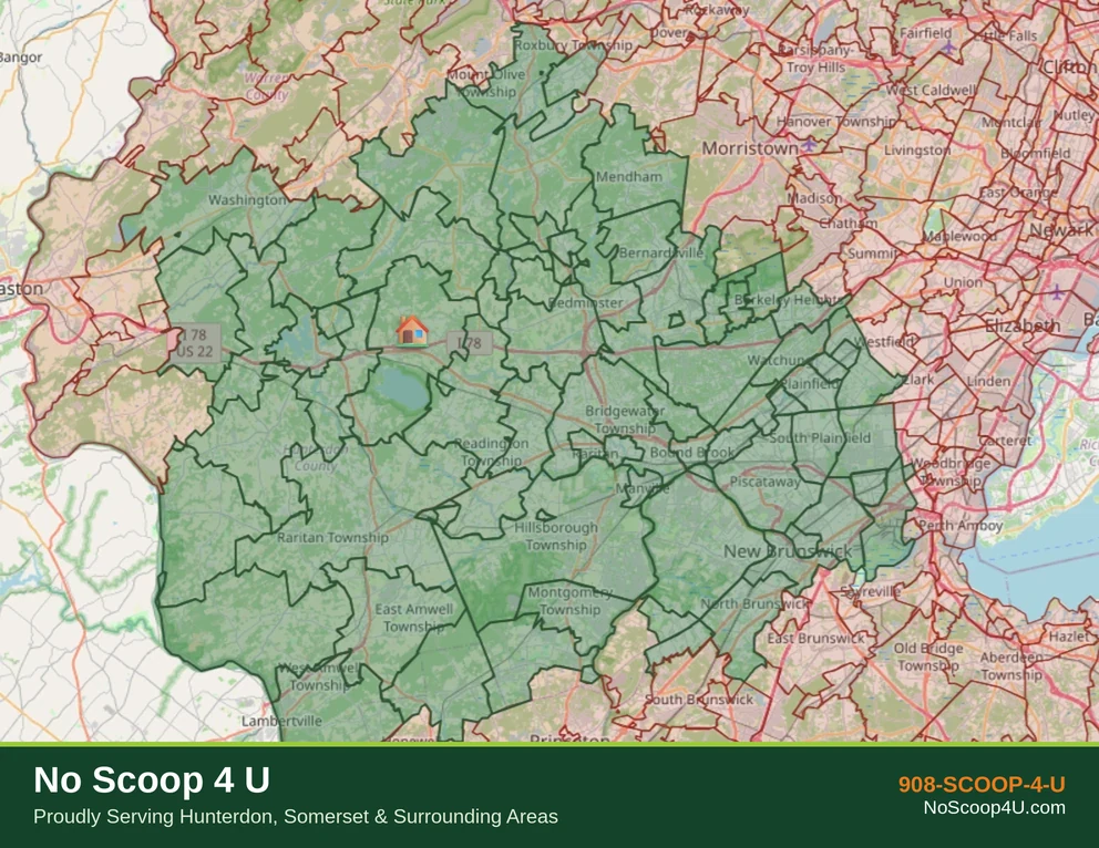 No Scoop 4 U pet waste removal service area map covering Hunterdon and Somerset County, NJ